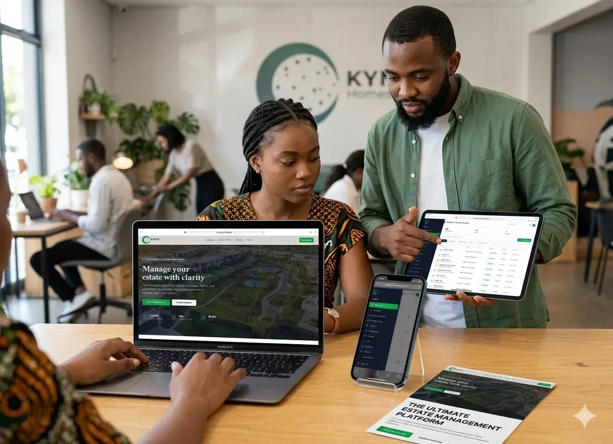 Team using KYNJO Homes on laptop, tablet, and phone in a modern office